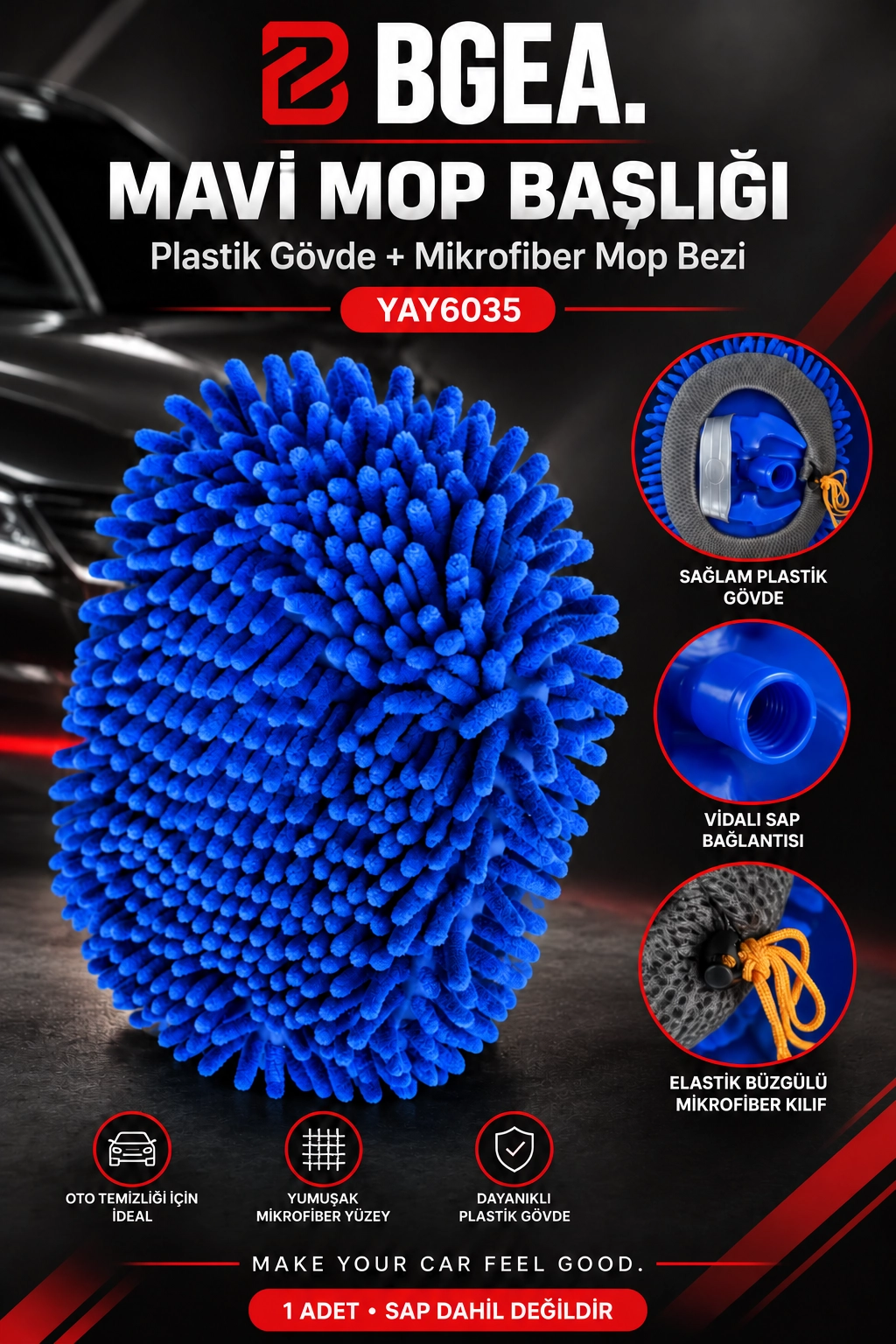 BGEA Mavi Mikrofiber Mop Başlığı Plastik Gövde ve Mop Bezi YAY6035