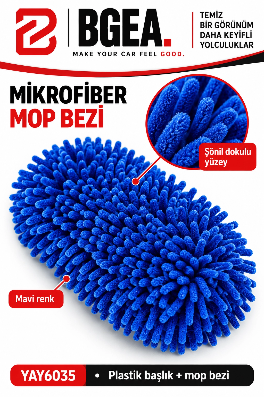BGEA Mavi Mikrofiber Mop Başlığı Plastik Gövde ve Mop Bezi YAY6035