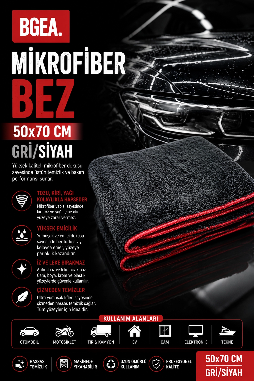 MİKROFİBER BEZ 50*70 GRİ/SİYAH