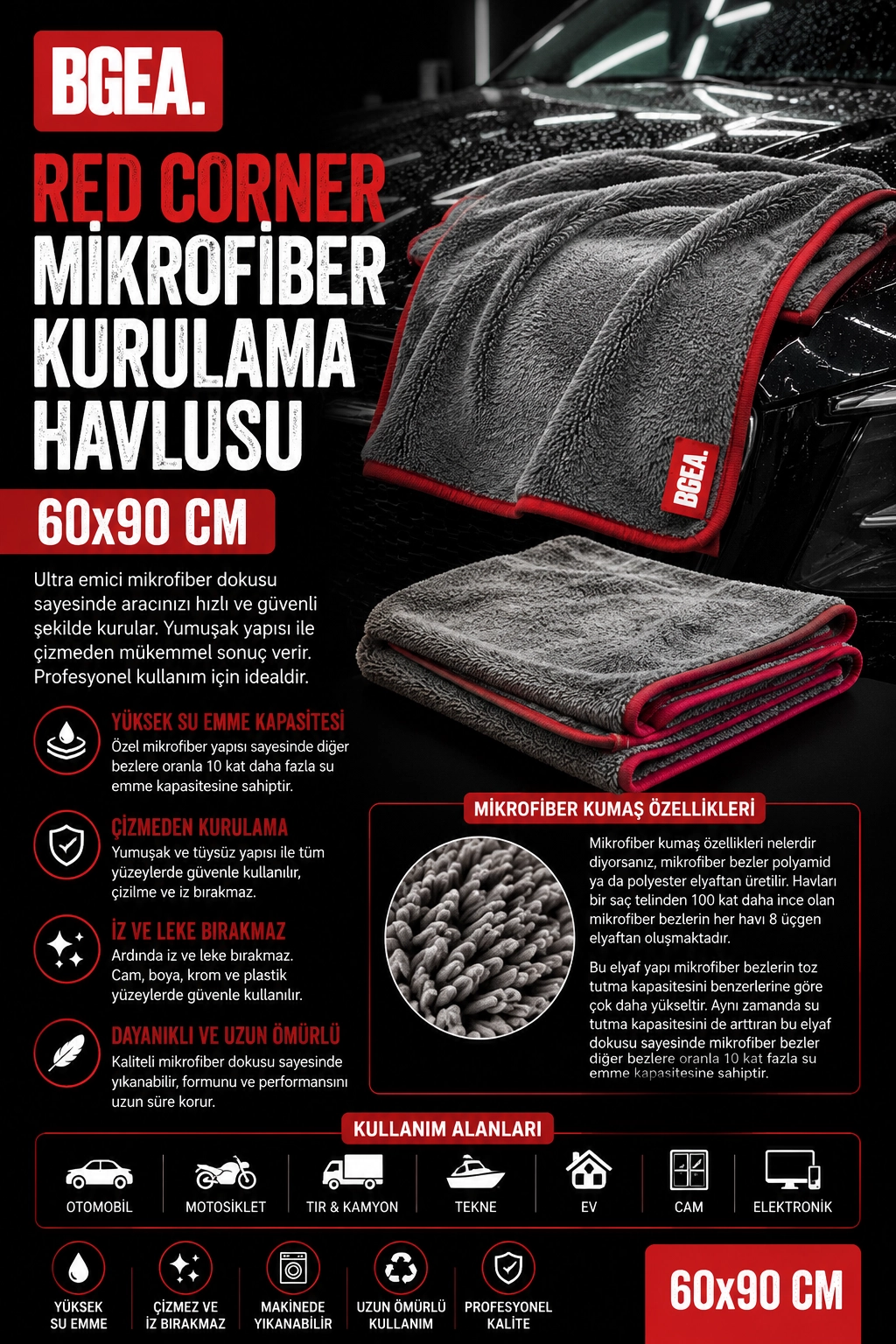 RED CORNER MİKROFİBER KURULAMA HAVLUSU 60*90