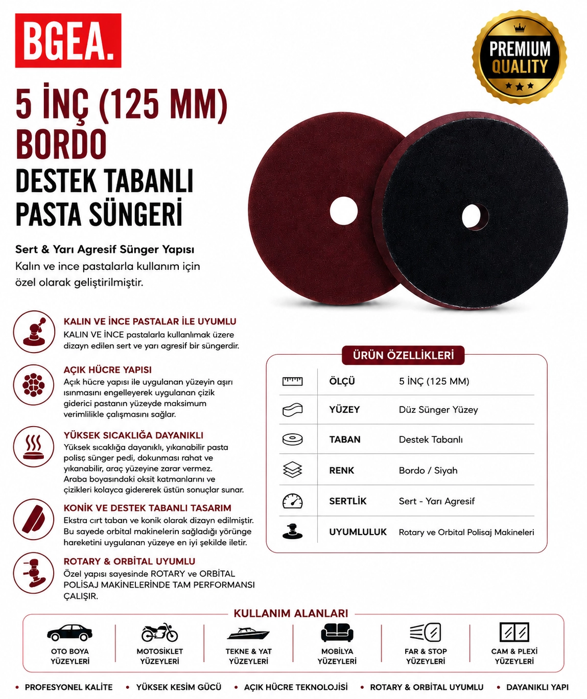 5 İNÇ 125 MM BORDO DESTEK TABANLI PASTA SÜNGERİ