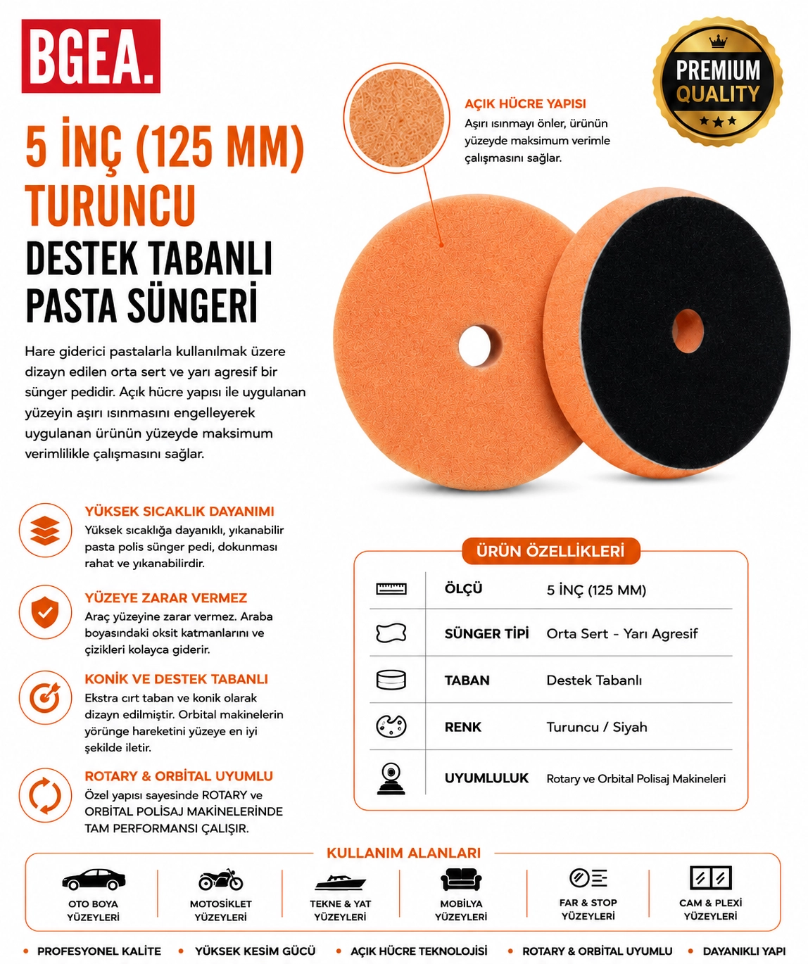 5 İNÇ 125 MM TURUNCU DESTEK TABANLI PASTA SÜNGERİ