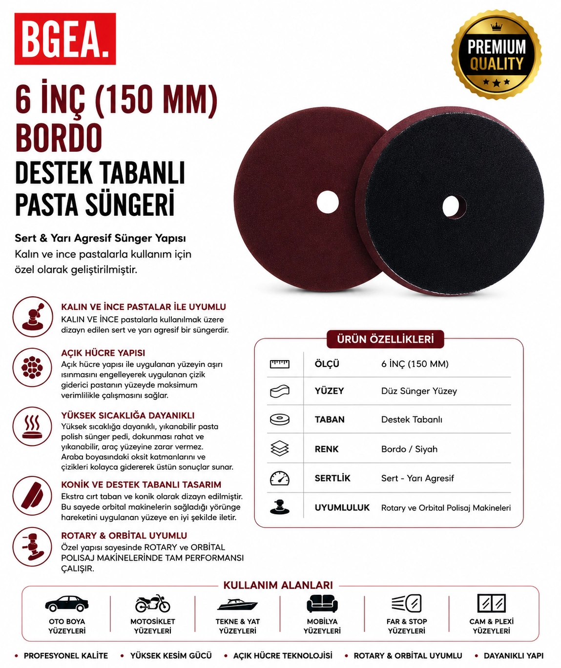6 İNÇ 150 MM BORDO DESTEK TABANLI PASTA SÜNGERİ