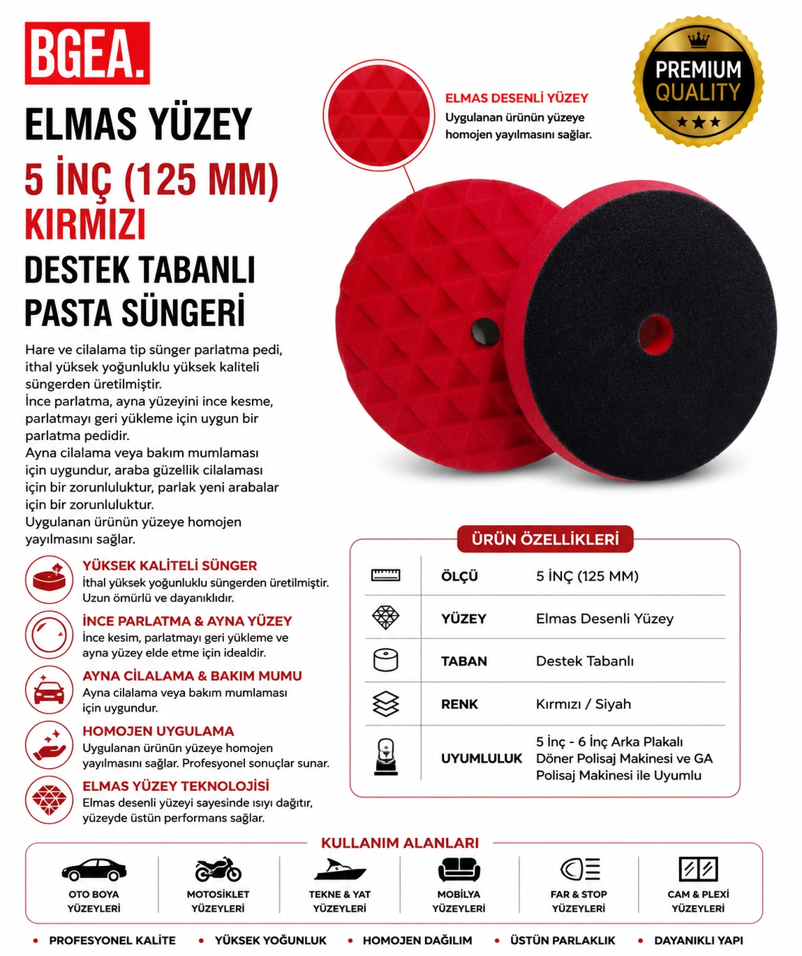 ELMAS YÜZEY 5 İNÇ 125 MM KIRMIZI DESTEK TABANLI PASTA SÜNGERİ