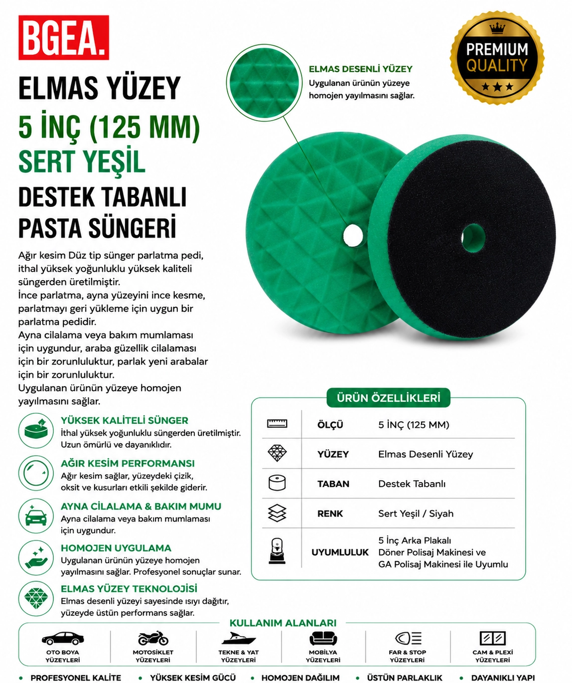 ELMAS YÜZEY 5 İNÇ 125 MM SERT YEŞİL DESTEK TABANLI PASTA SÜNGERİ