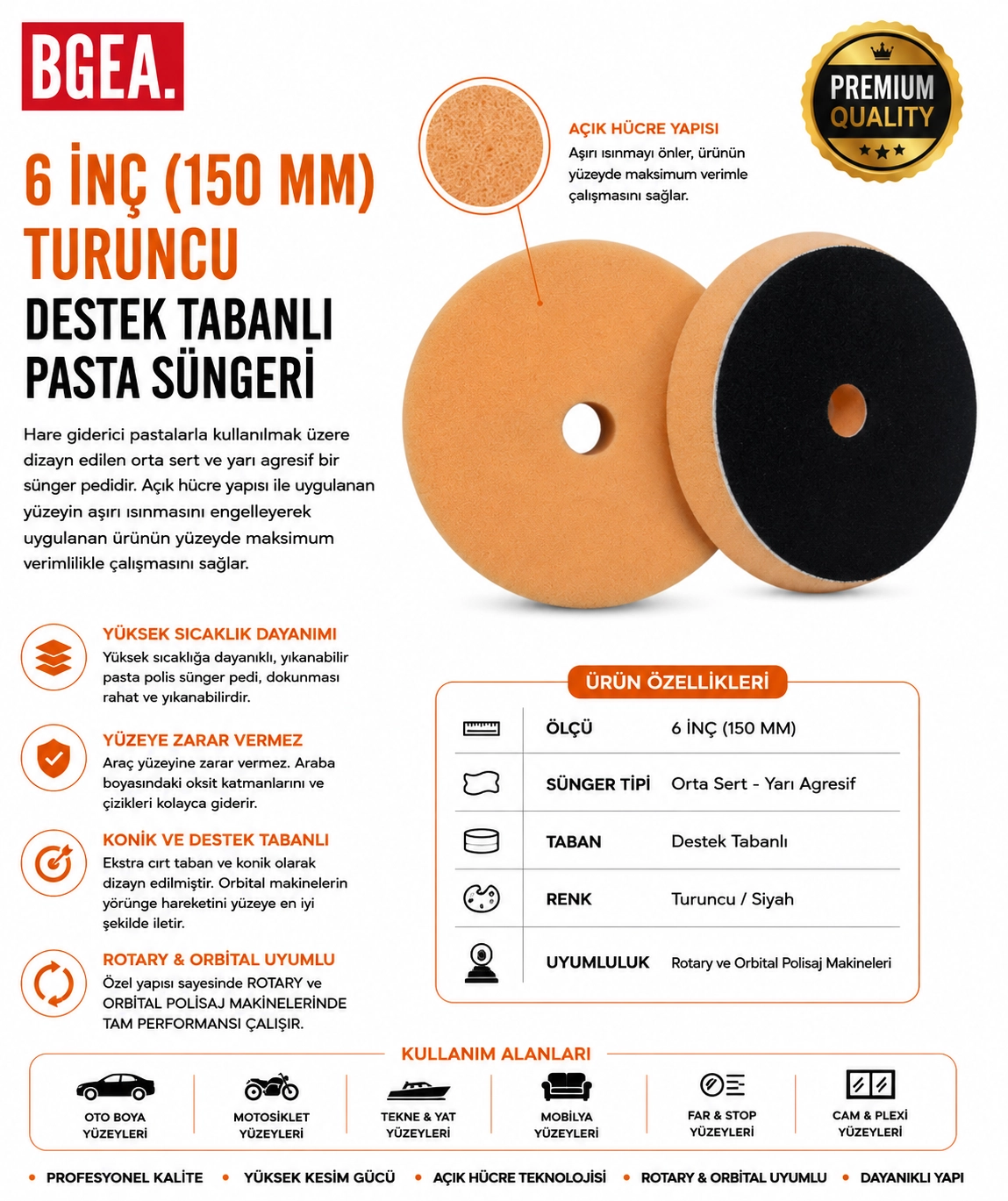 6 İNÇ 150 MM TURUNCU DESTEK TABANLI PASTA SÜNGERİ