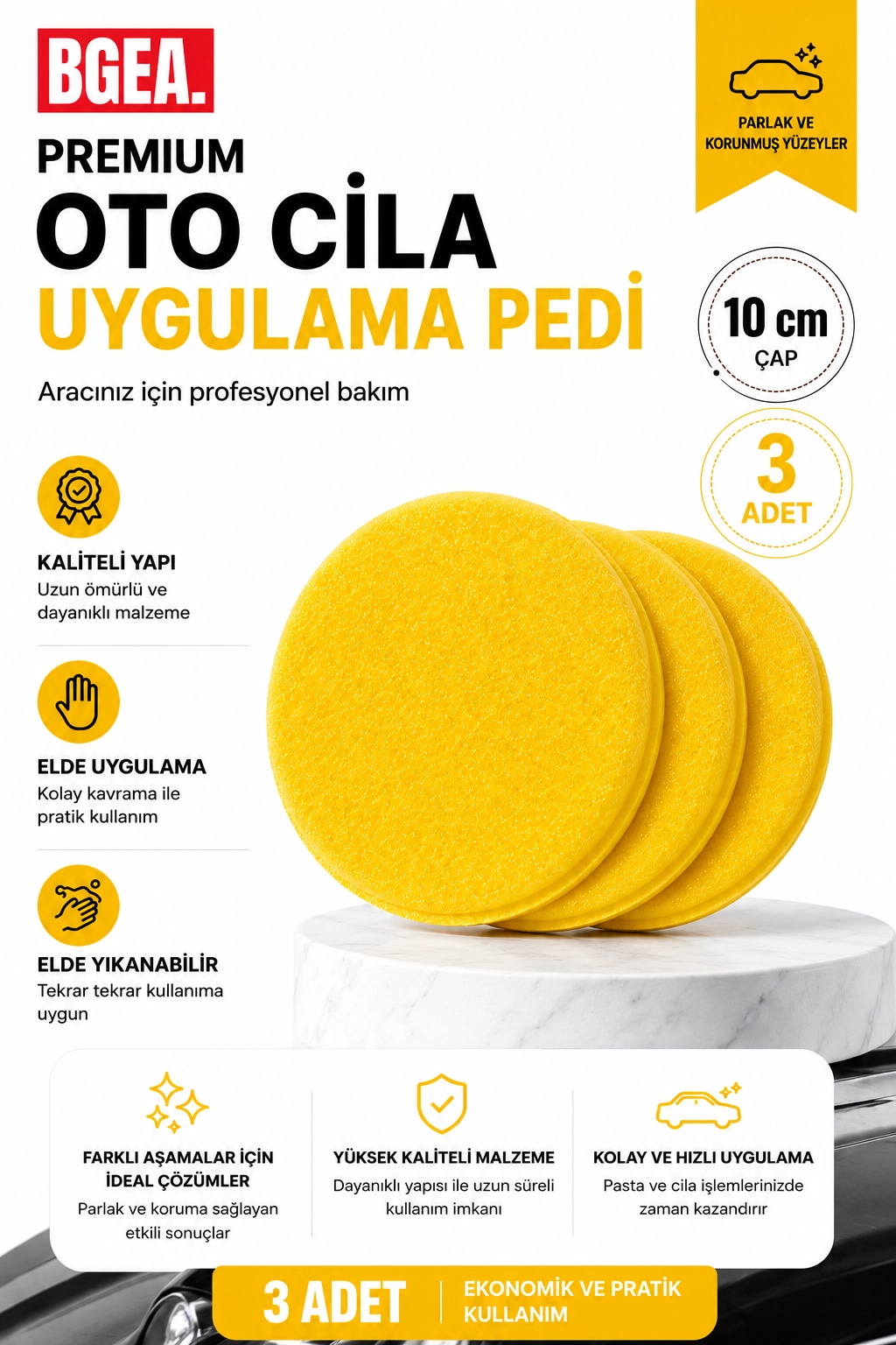 Premium Oto Cila Uygulama Pedi 10 cm Sarı (3 adet)
