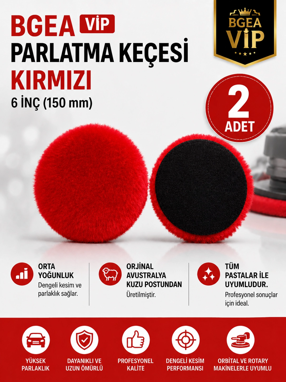 VİP Parlatma Keçesi Kırmızı 6 inç 150 mm (2 adet)
