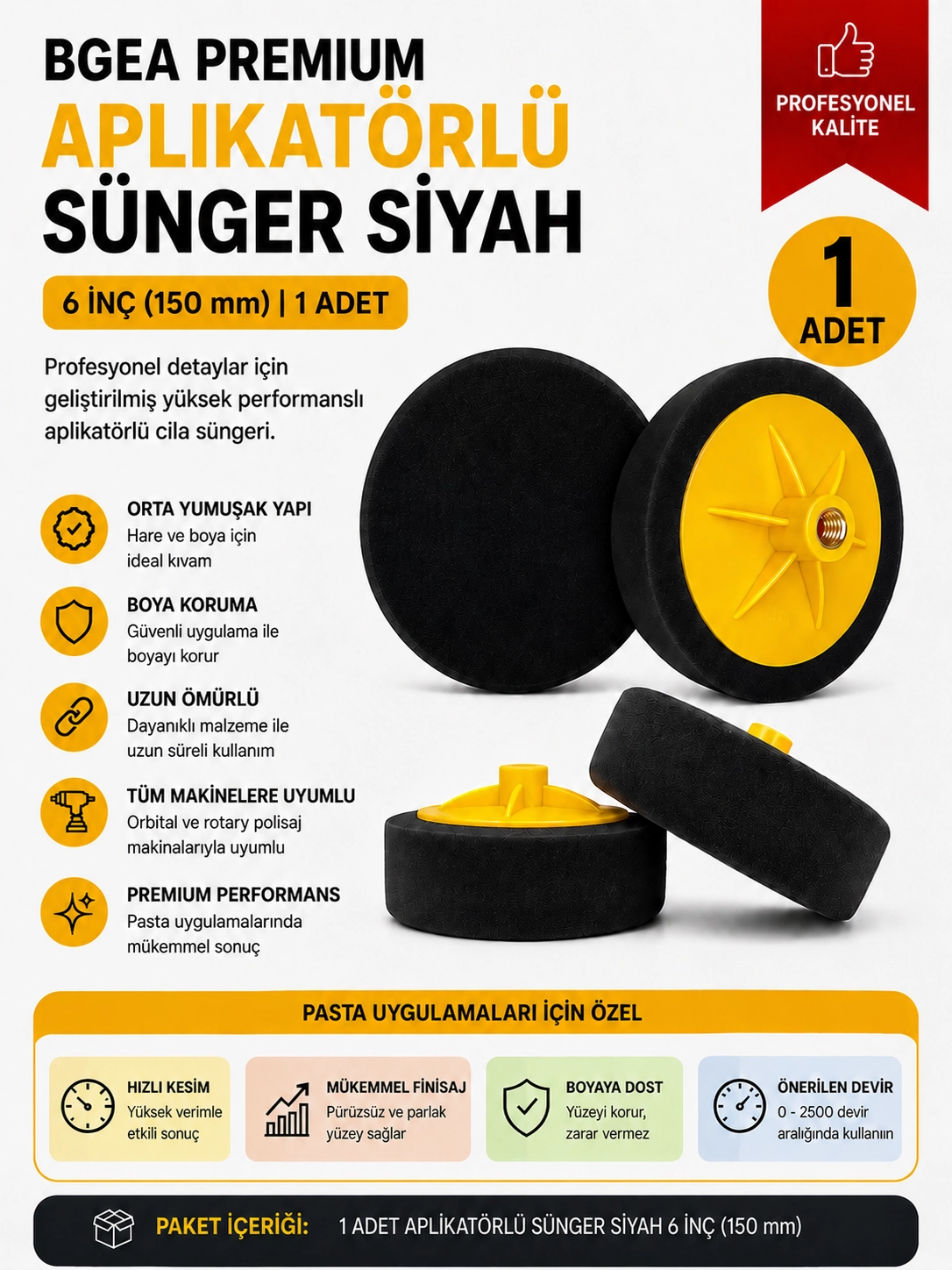 Premium Aplikatörlü Sünger Siyah 6 inç 150 mm