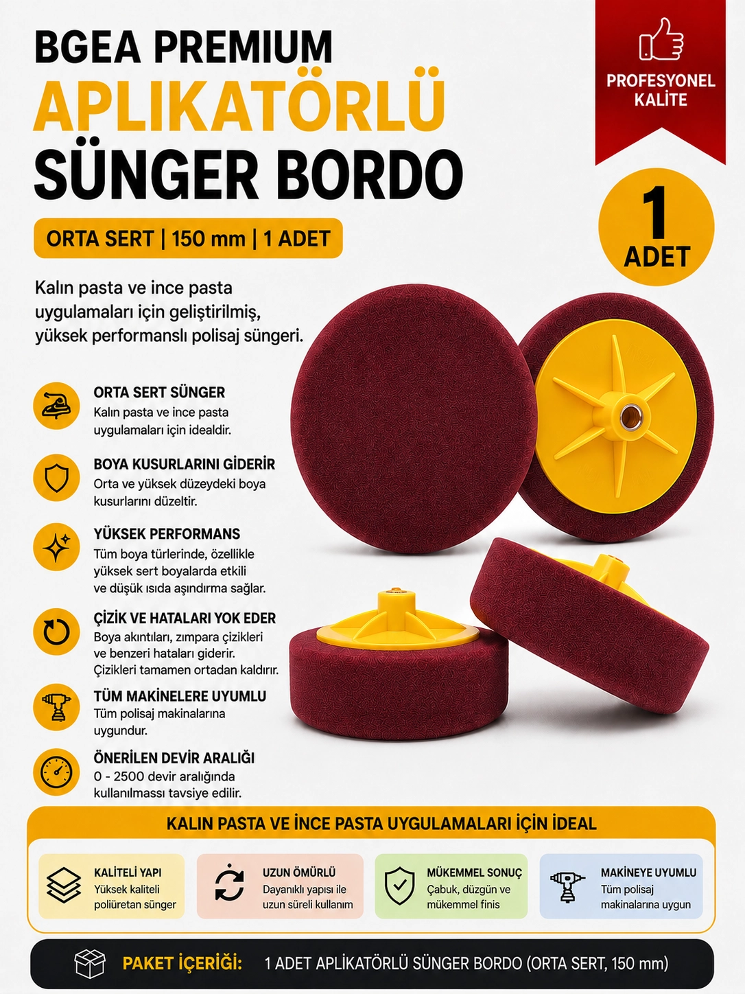 Premium Aplikatörlü Sünger Bordo 6 inç 150 mm