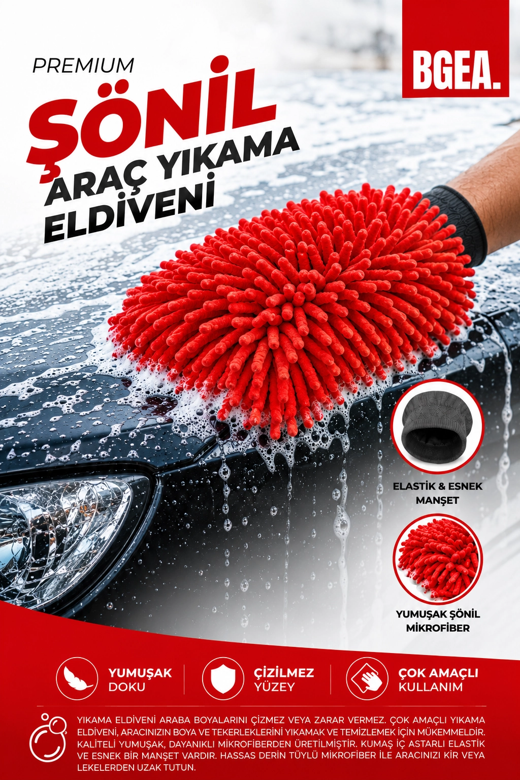 Premium Şönil Çift Katlı Mikrofiber Araç Yıkama Eldiveni
