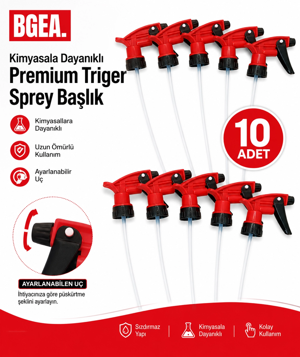 Kimyasala Dayanıklı Triger Sprey Başlık - Kırmızı, Fısfıs Sprey Başlığı (10 adet)