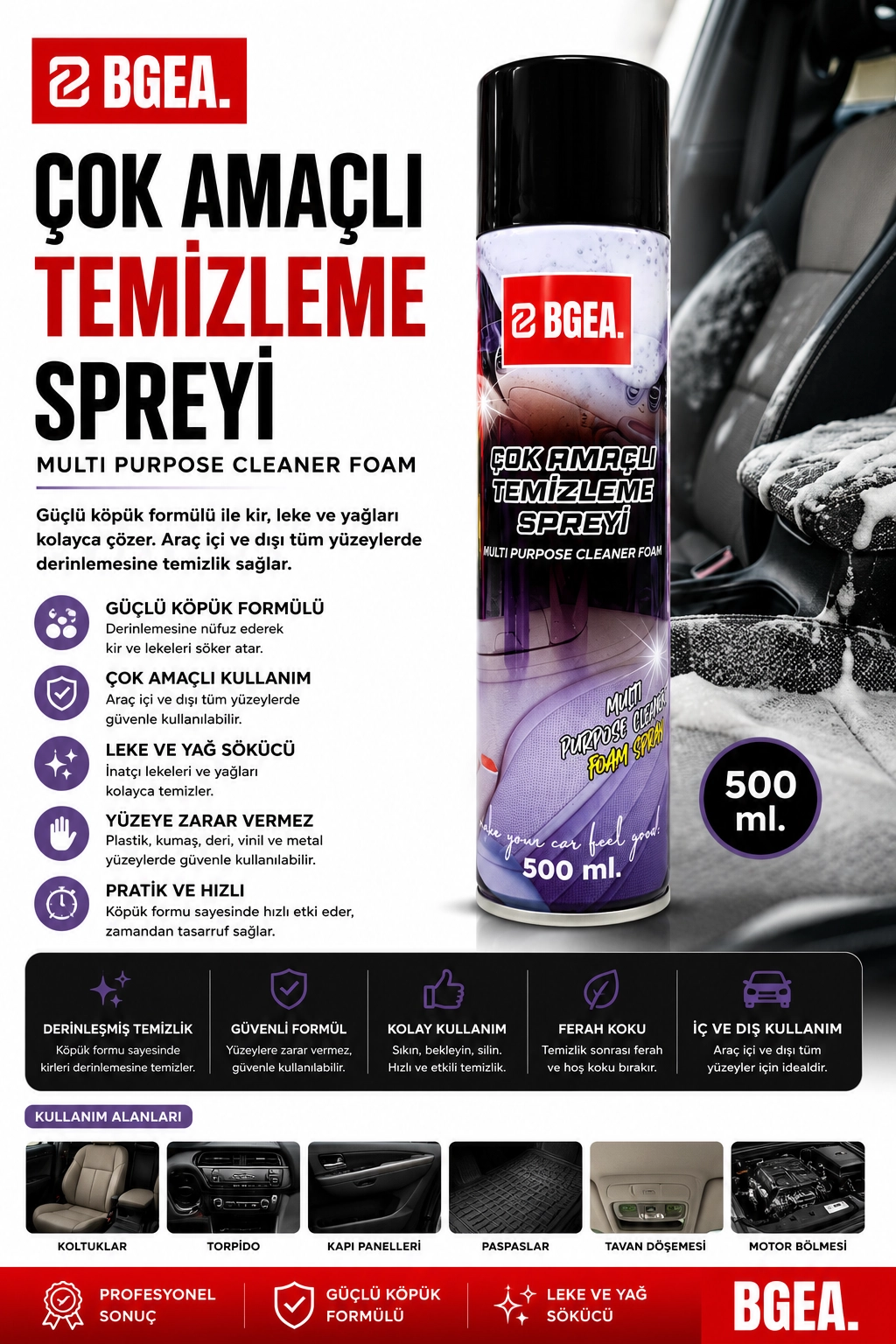 BGEA Araç İçi Temizleme Köpüğü 500 ML- Çok Amaçlı Temizleme Spreyi