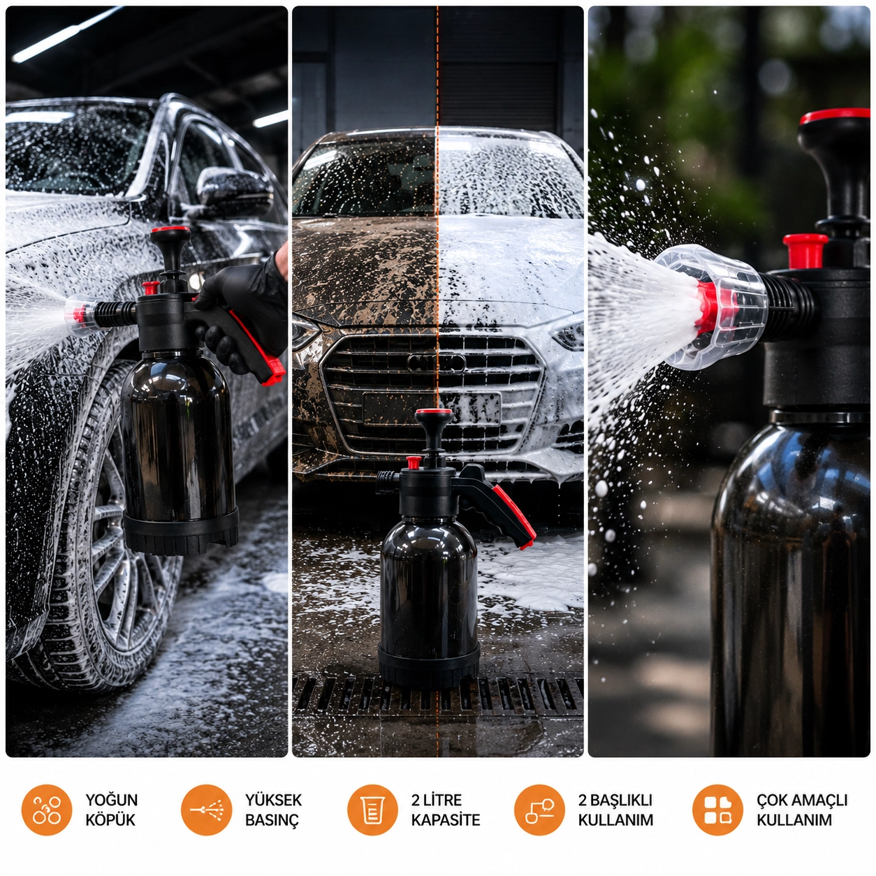 Premium Yüksek Basınçlı 2 Başlıklı Su & Köpük Pompası Kimyasal Dayanımlı- 2 Litre Çok Amaçlı Kullanım- Sıvı & Köpük Püskürtücü