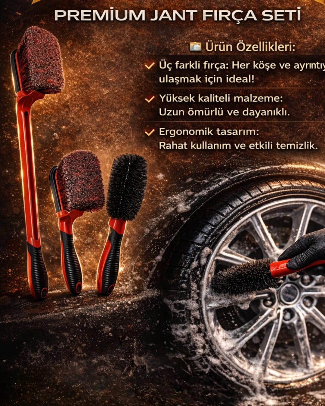 3 Parça Premium Jant ve Davlumbaz Temizlik Fırça Seti Kırmızı