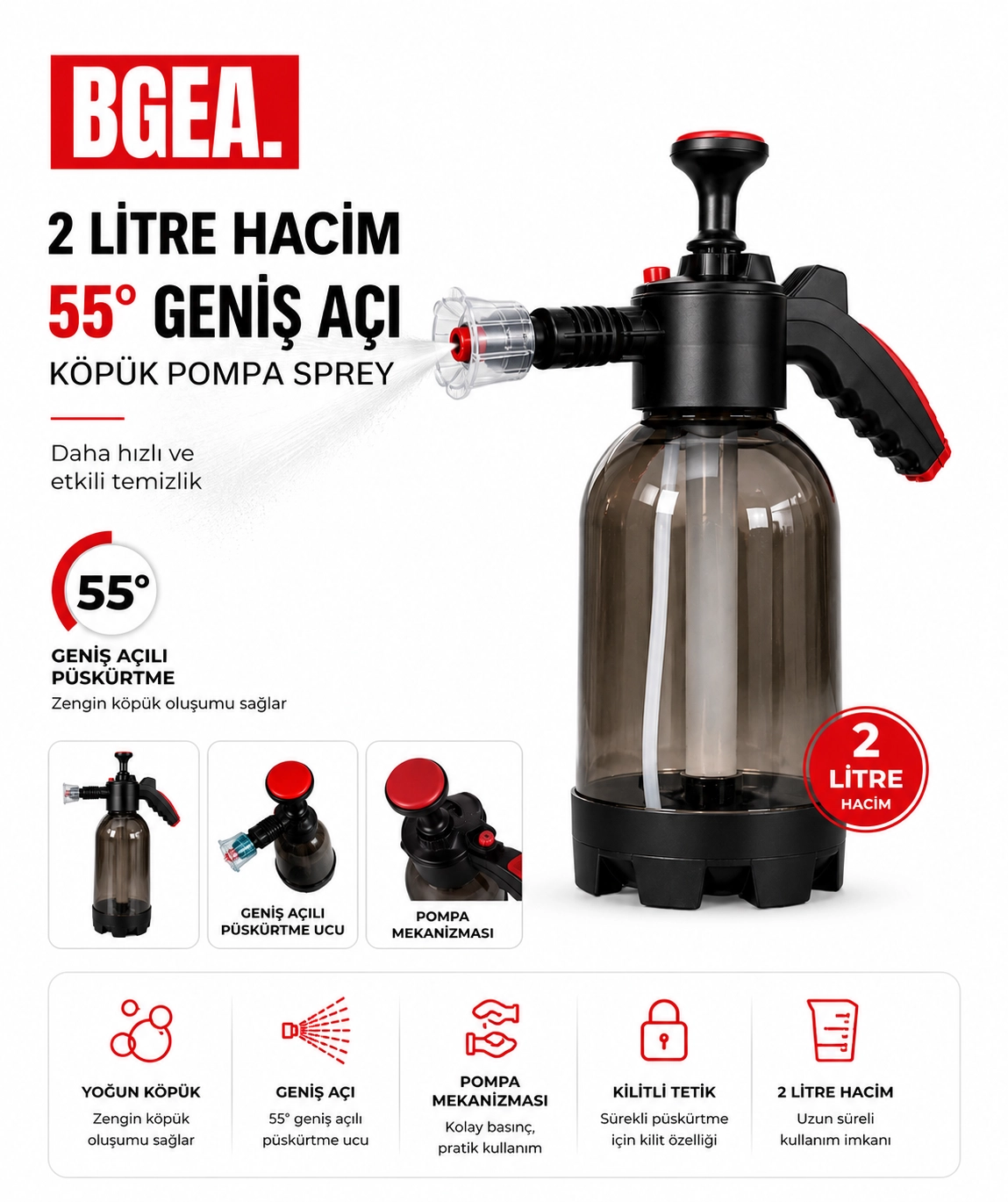 Premium Yüksek Basınçlı 2 Başlıklı Su & Köpük Pompası Kimyasal Dayanımlı- 2 Litre Çok Amaçlı Kullanım- Sıvı & Köpük Püskürtücü