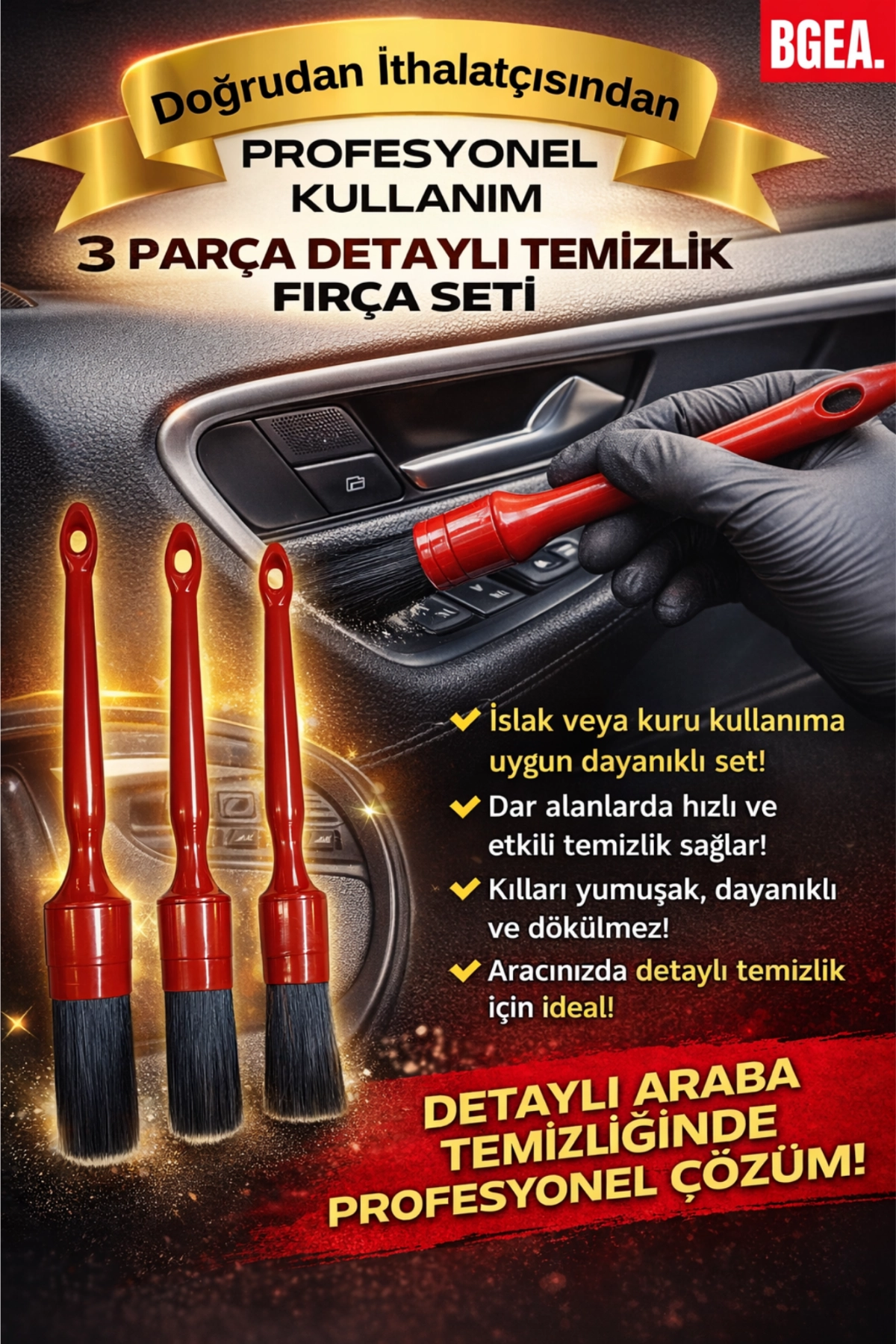 Premium 3 Parça Detaylı Temizlik Fırça Seti Kırmızı