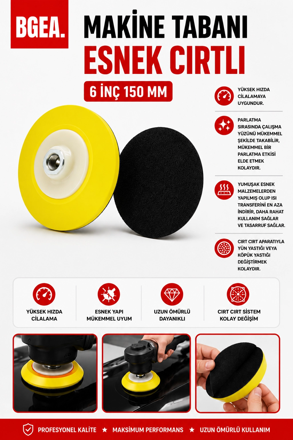 Premium Makine Tabanı Esnek Cırlı Sarı 6 inç 150 mm
