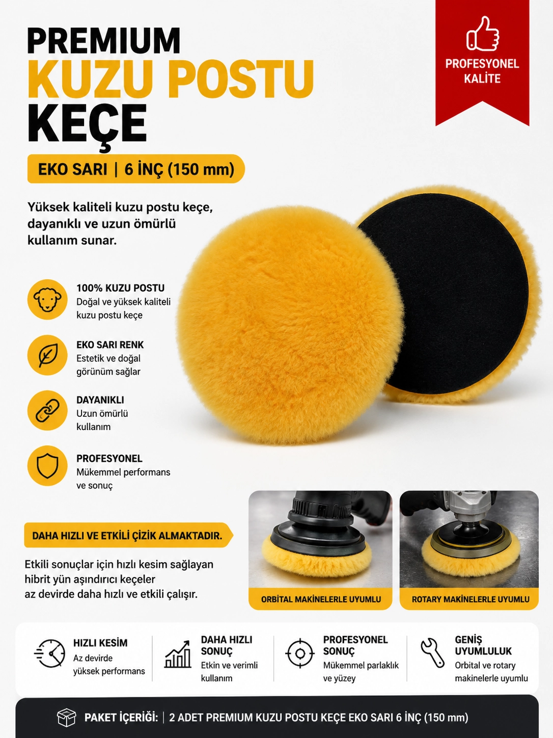 Premium Kuzu Postu Keçe Eko Sarı 6 inç 150 mm (1 adet)