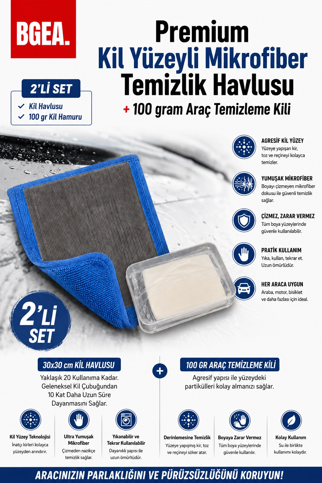 Premium Kil Yüzeyli Mikrofiber Temizlik Havlusu + 100 gram Araç Temizleme Kili