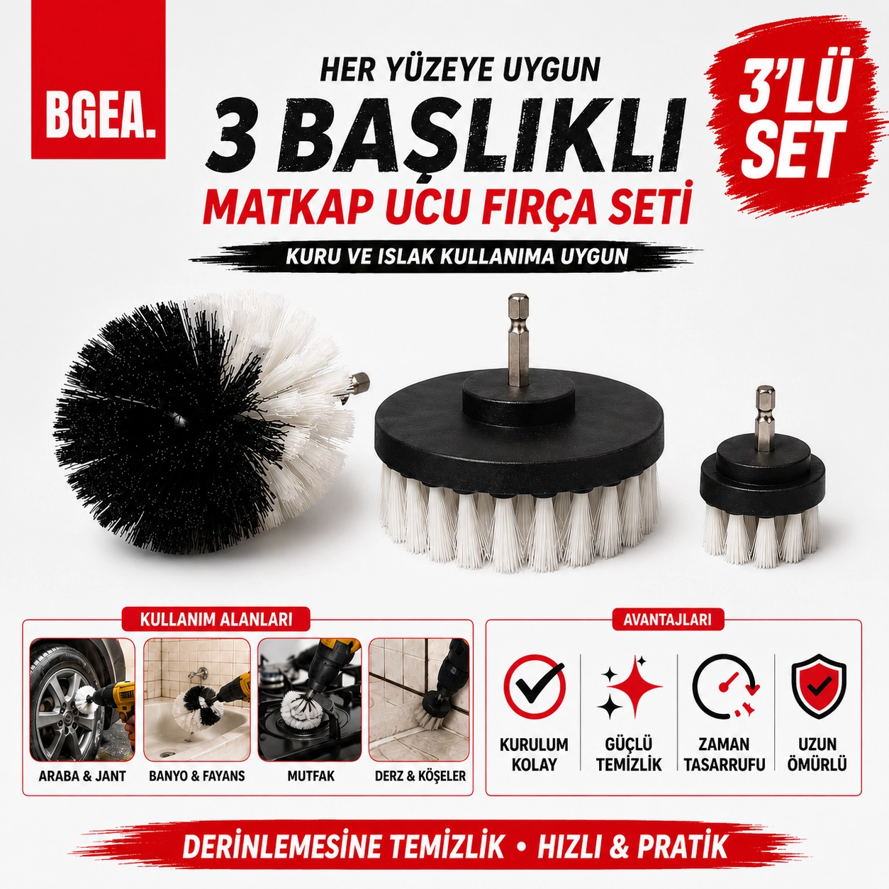 Matkap Ucu Fırça Seti 3 Parça Beyaz