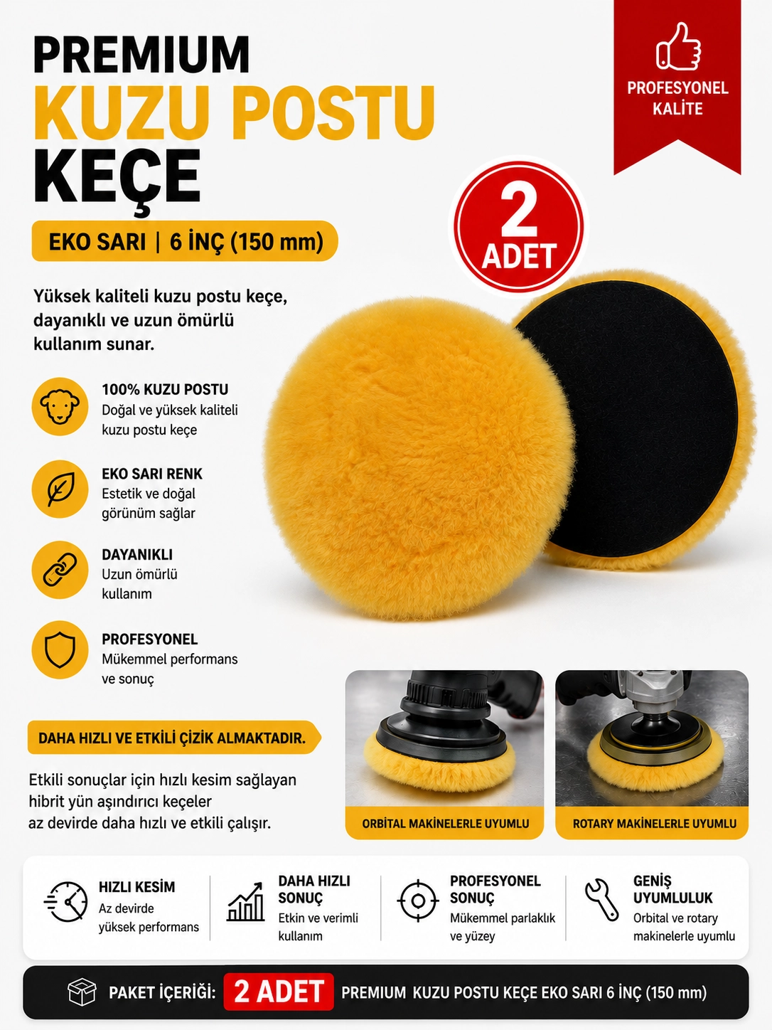 Premium Kuzu Postu Keçe Eko Sarı 6 inç 150 mm (2 adet)