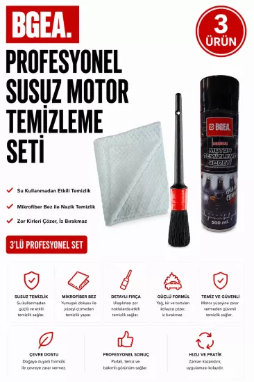 PROFESYONEL SUSUZ MOTOR TEMİZLEME SETİ-DETAYLI TEMİZLİK FIRÇASI&MİKROFİBER BEZ 32X32 CM