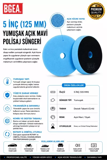 YUMUŞAK AÇIK MAVİ SÜNGER 5 İNÇ 125 MM