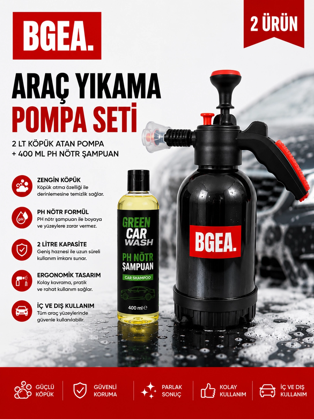Profesyonel Araç Yıkama Seti- 2 lt Köpük Pompa ve PH nötr Şampuan 400 ml